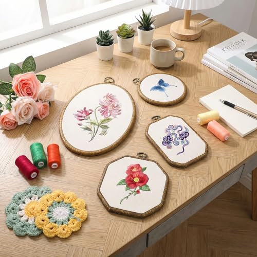 HANLANXUE 9 Pcs Large Embroidery Hoop Frame Set, 4 Shape Round, Oval, Rectangle and Octagonal Decorative Imitated Wood Display Frame for DIY Sewing Craft Hanging Ornaments