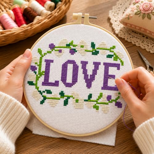 Zhenqing Love Word Cross Stitch Kit for Beginners, 11CT Printed 20x20cm with 16cm Hoop, Purple & Floral Embroidery Set(70835) - color: LOVE
