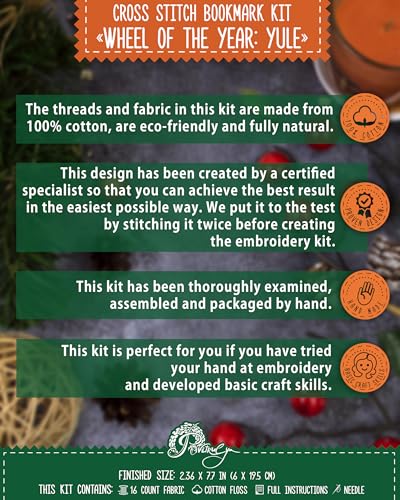 Povitrulya Cross Stitch Bookmark Kit Yule – Counted DIY Embroidery Set for Adults & Beginners, Witchy Pagan Wiccan Celtic Winter Solstice Needlework Gift for Christmas, Sabbat or Altar Decor
