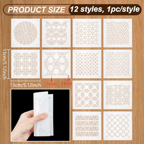 BENECREAT 12Pcs Plastic Sashiko Stencil, 5x5inch Dense Grid Pattern Embroidery Tool Drawing Line Template for Hand Quilting and Embroidery, 0.3mm Thick - style: Dense Grid Patterns
