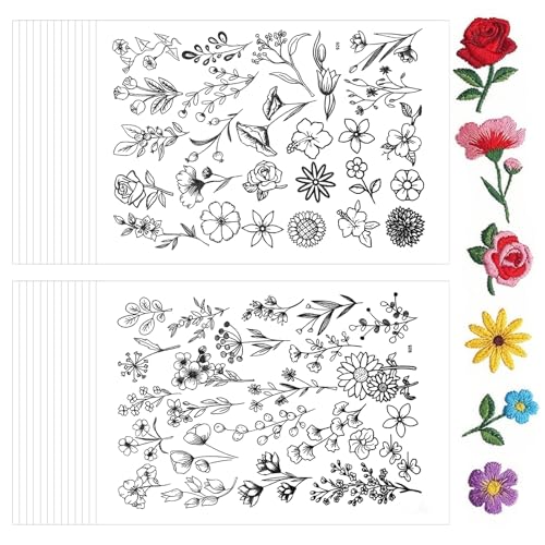 RAHHLIZS 50 PCS Water Soluble Embroidery Patterns, Stick and Stitch Embroidery Paper Wash Away, Pre-Printed Floral Transfer Paper Stabilizers for Hand Sewing Beginners Adults