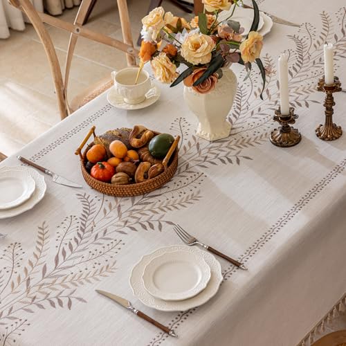 Joyfol Day Rustic Waterproof Linen Tablecloth, Heavy Weight Fern Embroidery Table Cloths for Rectangle Tables, Farmhouse Spill-Proof Table Covers with Tassels, Coffee 55''x 70'' - color: Coffee Fern, size: 70" x 55" (Rectangular)