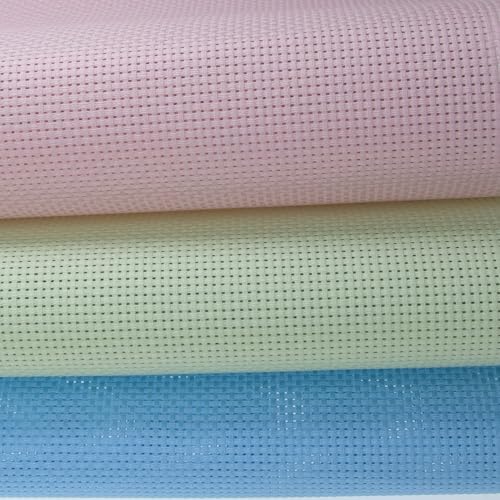 KCS 3 pc of 15" x 18"(38cmx45cm) Counted Cross Stitch Cotton Aida Cloth Needlework Rolled Fabric Box,11CT,Light Blue+Pink+Light Green - color: Light Blue+pink+light Green, size: 11CT