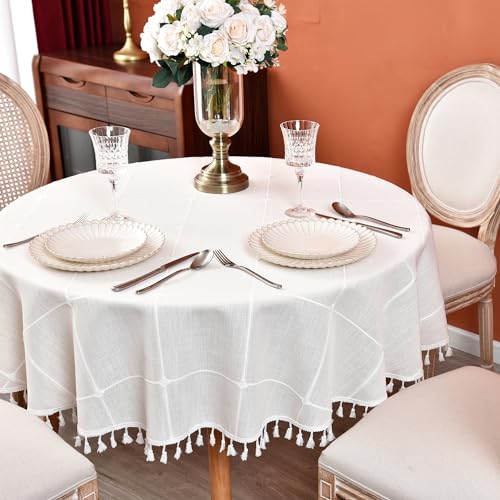 Plaid Round Tablecloth 60 Inch Cotton Linen Round Table Cloth - color: Off-white, size: 60" (Round)
