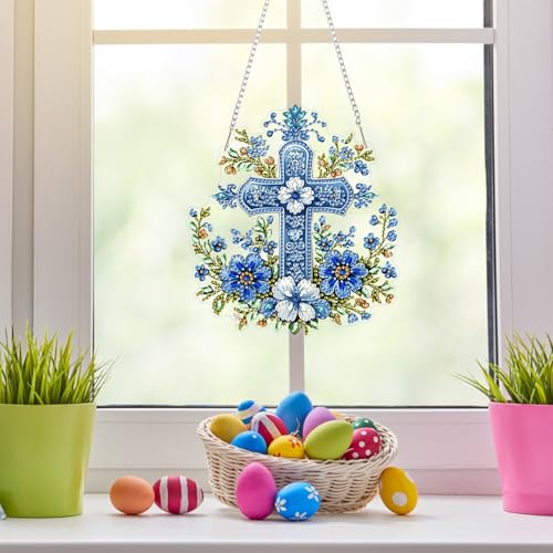 NAIMOER Cross Flowers Diamond Art Hanging Kits for Adults, 5D Special Shaped Rhinestone, DIY Acrylic Spring Diamond Art Painting Window Pendants Home Garden Wall Hanging Ornament Kits, Double Sided - color: Easter 10