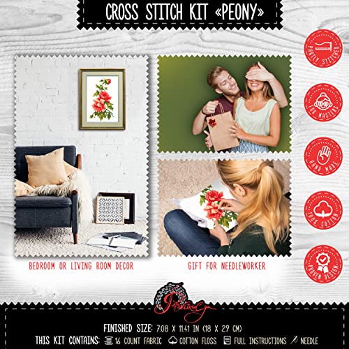 Povitrulya Beautiful Peonies Counted Cross Stitch kit - DIY Embroidery Set with Paper Pattern and prestored Floss - color: Peonies