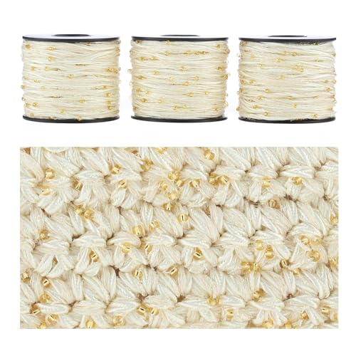 Artisanal Yarn Collection Multifiber Fancy Yarn for Knitting Crocheting Crafts DIY, Set of 3 Rolls (Cream Satin with Mini Golden Beads) - color: Cream Satin with Mini Golden Beads