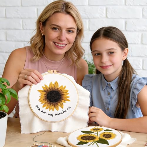 Sunflower Embroidery Kits for Beginners Adults, Floral Hand Embroidery Set Needlepoint Kits, Stamped Cross Stitch Kits for Beginners Adults, 2 Embroidery Hoops, Fabric, Thread(Attached Video Tutorial) - color: Yellow, size: 8inch