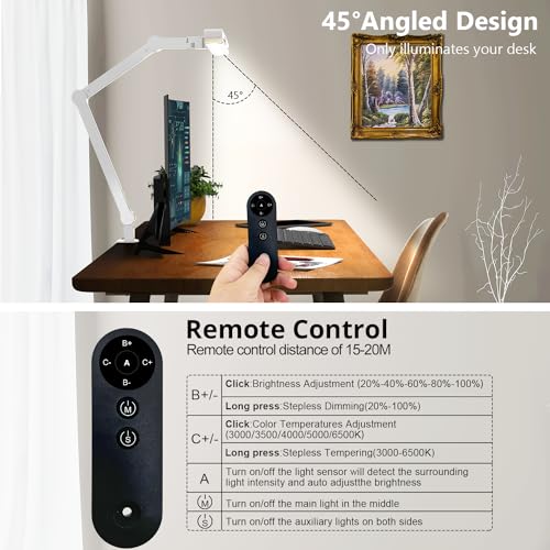 Micomlan Architect Desk Lamp with Clamp, Led Desk Lamp for Home Office with Remote Control, 24W Bright Dimmable Computer Light with Atmosphere Lighting Adjustable Table Light(Remote) - color: Light White