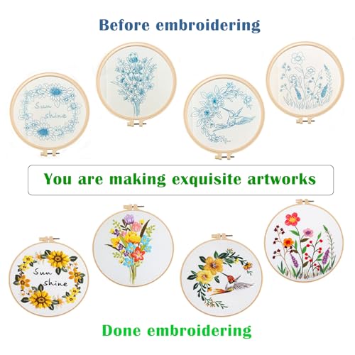 Vigdit 4 Pack Embroidery Kit for Beginners, Needlepoint Cross Stitch Kit for Adult Beginner, Easy DIY Hand Embroidery Starter Kit with Stamped Floral Pattern Embroidery Hoop Tools and Instruction