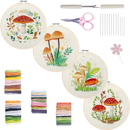 Bonroy 4 Sets Embroidery Kit for Beginners with Instructions,Cross Stitch Kits for Adults with Pattern,Needlepoint Kits for Adult Include Embroidery Cloth Hoops Needles Threads(Mushroom) - color: mushroom4