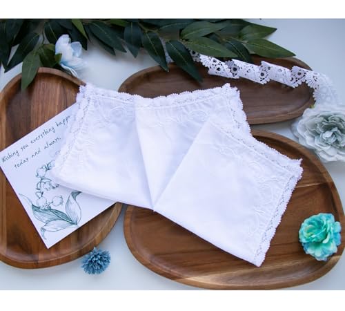 MileyMarla Ladies Embroidery Cotton White Handkerchiefs Lace Wedding Hankies - color: J04-3pcs a