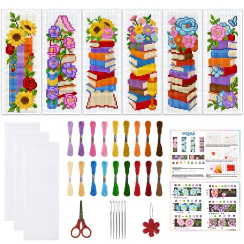 ORIGACH 6 Set Stacked Books & Flower Cross Stitch Bookmark Kit for Beginner - style: Stacked Books & Flower