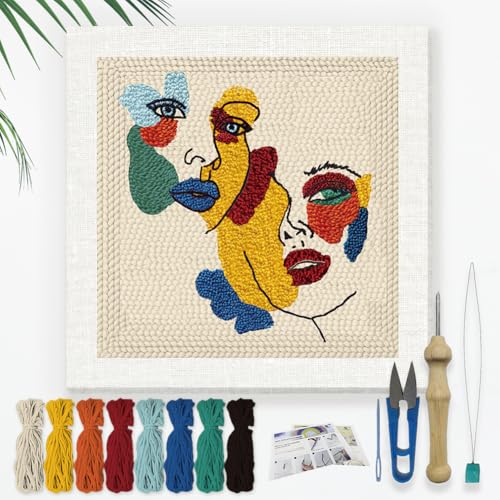 Doodlream Line Female Face DIY Punch Needle Embroidery Kit for Adult Beginner, 9.4" Silhouette Line Face Punch Stitching Craft Set for Starter with Frame, Fabric Pattern, Threader, Yarn, Pinch Needle - color: Line Female Face