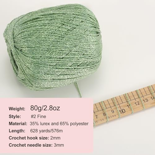 2PCS Metallic Crochet Thread Yarn for Crocheting,Lurex Thread Round Band Yarn with Sparkle Shine for Clothes, Car Charm, Keychain Charm(Light Green) - color: 04