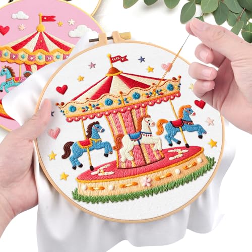 ERKOON 4 Set Embroidery Kit for Beginners, Cross Stitch Set Include Embroidery Cloth Hoops Threads for Craft Lover Hand Stitch with Embroidery Skill Techniques (Carousel) - color: Carousel