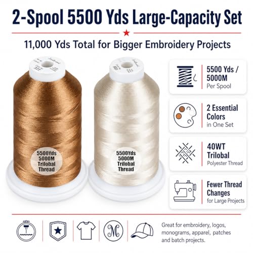 Simthread 2Pk 5500Y 40WT Polyester Embroidery Thread Brown323 Beige843 - color: Natural Duo(LightBrown+Beige)