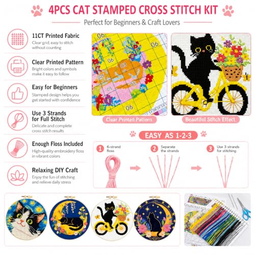 Zhenqing 4 Pack Cat Stamped Cross Stitch Kit for Beginners - color: 4 Pack Cat