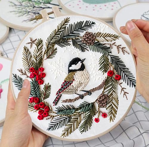 Huacan Embroidery Kits for Adults Beginner DIY Cross Stitch Stamped Christmas Pattern Stitching Wreath Sewing Kit 1 Piece 7.8 x 7.8 Inch - color: Bird