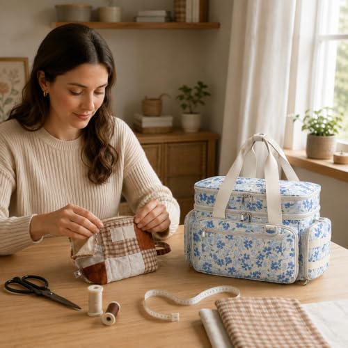 Lyhaxon Sewing Organizer Storage Bag, Double Layer Sewing Box Case - color: Blue Floral