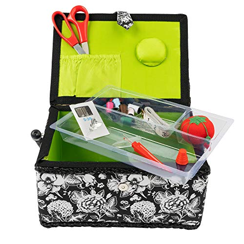 SINGER Sewing Basket, Sewing Kit with Notions, Black & White Floral Print - color: Black & White