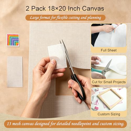 Kaitiaki 13 Mesh Needlepoint Canvas 20 x 18 Inch, 2 Pack 100% Cotton 13CT Blank White Sheets with 5 Needles, No-Fold Rolled Refill Pack for DIY Needlepoint Embroidery Crafts - color: White 13mesh-20x18 in