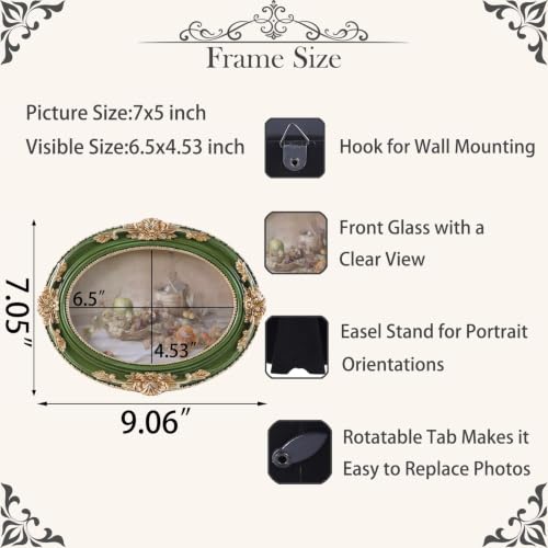 Vintage Picture Frames 5x7 Ornate Green and Gold Antique Pictue Frames with Real Glass Cover for Wall & Tabletop Display Victorian Home Decor Gallery Wall Decor,Oval - color: Green, size: 7X5