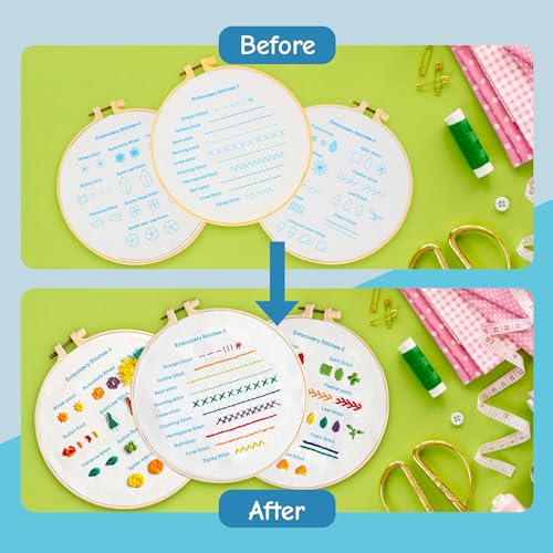 Beginner Embroidery Kit – Learn 28 Stitches – DIY Embroidery Set with 3 Hoops, Stamped Patterns, Needles, Scissors, Thread – Complete Cross Stitch Kit for Adults, Teens, Beginners & Crafters - color: Beginner Practice Patterns