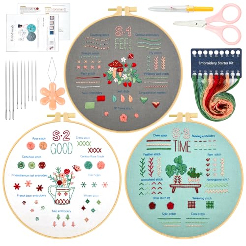 Ponpon 3 Sets Embroidery Kit for Beginners, Embroidery Kit for Adults with Follow Instruction, Cross Stitch Kits with Wooden Embroidery Hoops (Stlye C) - style: Stlye C