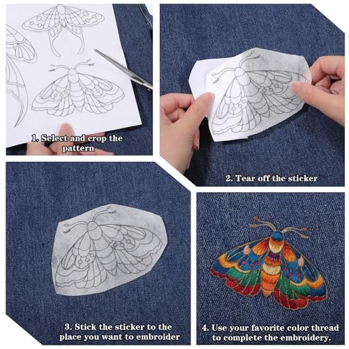 4 Sheets Stick and Stitch Embroidery Paper Patterns, Butterflies Stabilizer Water Soluble Hand Sewing, Embroidery Stencils, Embroidery Pattern for Hand Sewing Lover Beginners, Jean Bag T-Shirt (40Pcs)