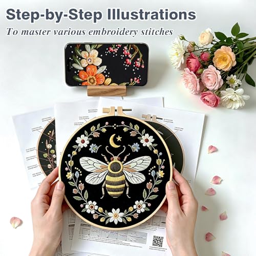 3Pack Embroidery Kits for Beginner Adult, Flower Moon Bee Pattern Hand Kit - color: Flower Bee Moon