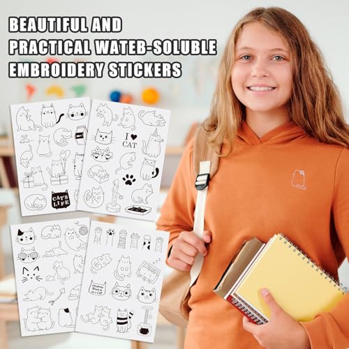 Magibeads 57 Patterns Cat Water Soluble Embroidery Patterns Kitten Paw Print Cartoon Animal Pet Stick and Stitch Transfer Embroidery Paper for Hand Sewing Beginners Starter Adult - color: Cat