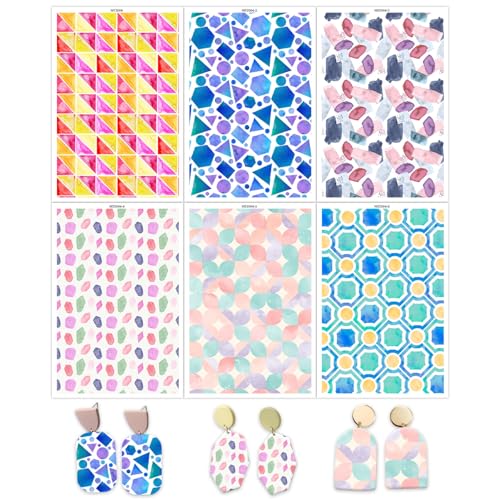 6 Pcs Transfer Paper for Polymer Clay, Triangles Circles Irregular Figure Pattern Clay Transfer Sheets, Water Soluble Polymer Clay Transfer Sheets Paper for DIY Jewelry Earrings Making 5.8"X3.9"