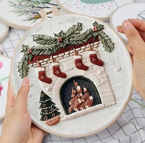 Huacan Embroidery Kits for Adults Beginner DIY Cross Stitch Stamped Christmas Pattern Stitching Fireplace Sewing Kit 1 Piece 7.8 x 7.8 Inch - color: Christmas Fireplace