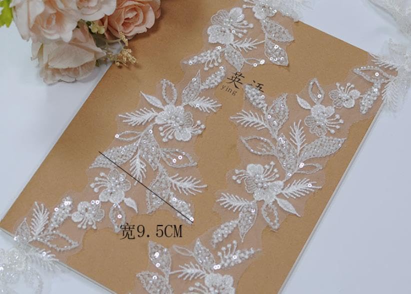 2yard lace Trim Ivory Sequins Beaded Flower Embroidery Appliques - color: SPXB-P3403A-2yR18