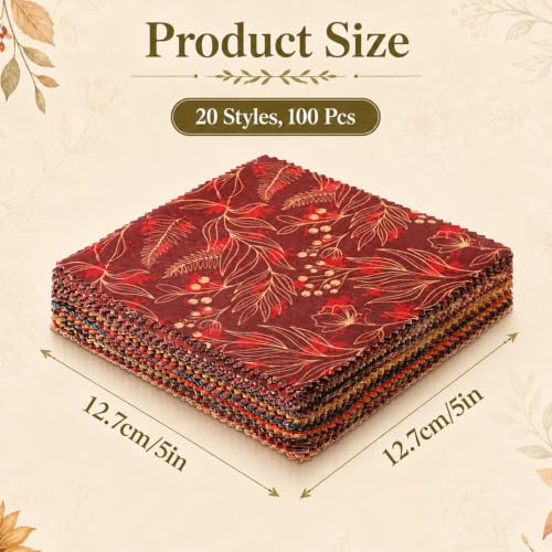 100 Pack 20 Styles Autumn Charm Pack Pre‑Cut Quilting Fabric - color: Burnt Orange, size: 5″