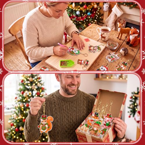 Tondiamo 20 Pcs Christmas Cute Animal Diamond Painting Keychains Kit, Xmas Cartoon Animal Ornaments DIY Diamond Art Key Pendant Set for Xmas Tree Decor Party Favors Gift - style: Animal