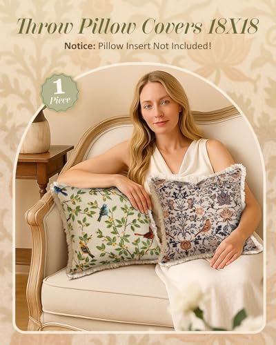 Decorative Throw Pillow Cover 18x18 - Vintage Pillowcovers with Fringe Bird Flower Cute Embroidered Pillow Case with Zipper for Living Room Couch Sofa Bed Rustic Boho Design Abstract