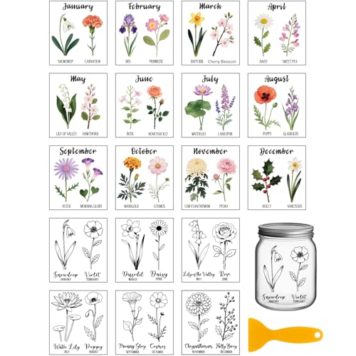 GLOBLELAND 18 Sheets Vintage Month Flowers Rub on Transfers Sticker for Crafts 3.9x3.6inch Wildflowers UV DTF Cup Wraps Decals Stickers Florals Leaves Transfer Decal for Glass Bottle Decors - style: Month Flowers