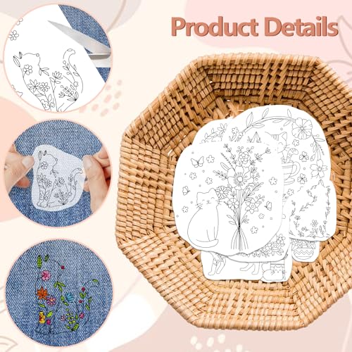 Peacoblue Cat, Flower Stick and Stitch Embroidery Patterns, Water Soluble - color: Cute Cat with Flower