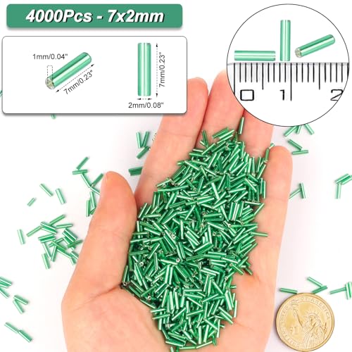 4000 Pcs Bright Green Glass Bugle Beads, 2 x 7 mm Embroidery Beads, Small Long Tube Seed Beads for Embroidery Craft Jewelry Making - color: Bright Green
