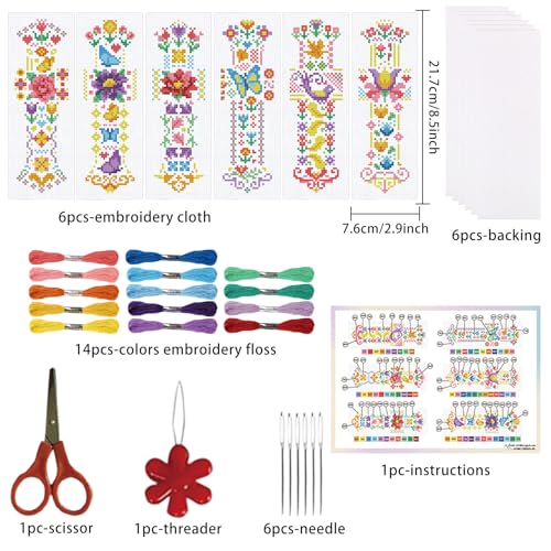 ORIGACH 6 Set Vintage Folk Floral Cross Stitch Bookmark Kit for Beginner - style: Spring Flowers