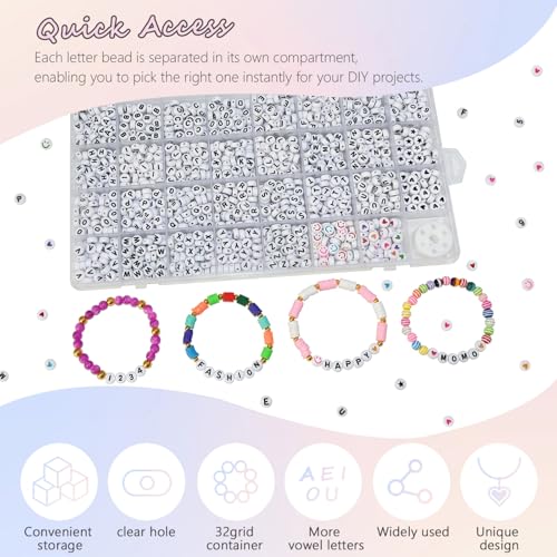 Amaney 1600pcs Acrylic Alpabet Letter Beads,31 Styles,Heart,Number,Star and Smiley Beads,4x7mm for Jewelry Making Bracelets Necklaces Key Chains - color: White&Heart, size: 7x4mm