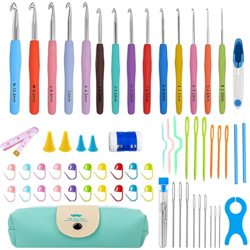 VOLYAR 14 Size Crochet Hook Set with case, 63 Pack Ergonomic Crochet Set 2mm(B)-10mm(N),Crochet Kit for Beginners, Long Crochet Needles