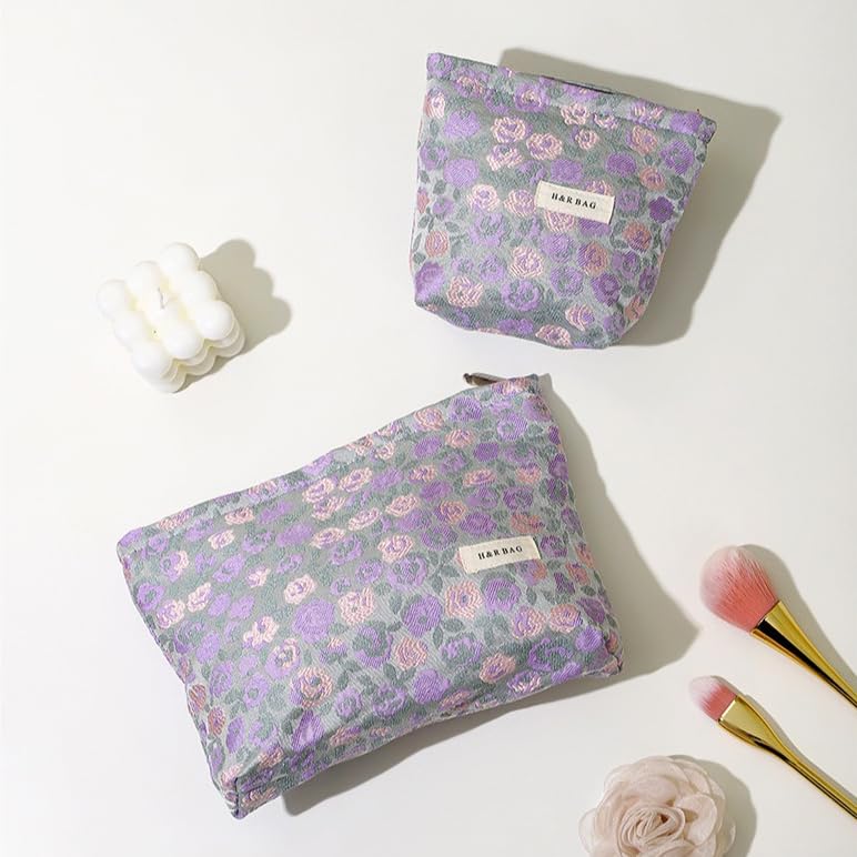 2 Pcs Embroidery Floral Makeup Bag Small Cosmetic Pouch Purse - color: Purple and Pink Flower