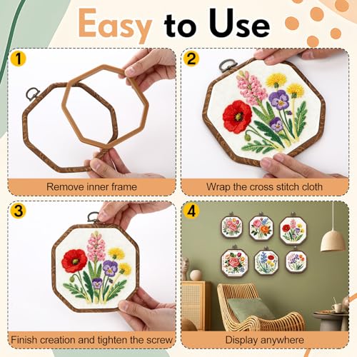 BrightRow 6 Pcs Large Embroidery Hoop Set Decorative Imitated Wood Display Frame Cross Stitch Hoop Ring for Art Craft DIY Sewing and Hanging Ornaments Decor (Octagonal,10+13.9+18.5 cm) - size: 10+13.9+18.5 cm, style: Octagonal