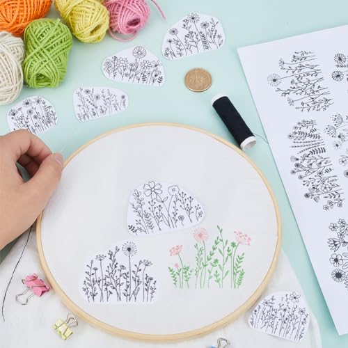 CRASPIRE 2 Sheets Flowers Grass Water Soluble Embroidery Patterns Stabilizers Hand Sewing Stick and Stitch Transfers Fabric Wash Away Pre-Printed Self Adhesive for Bags Cloth Sewing Lovers - style: 2 Sheets Flowers Grass