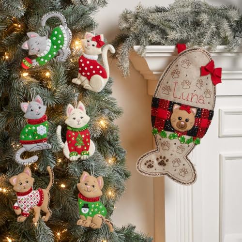 Bucilla Felt Applique 6 Piece Ornament Making Kit, Cats in Ugly Sweaters, Perfect for DIY Arts and Crafts, 89381E