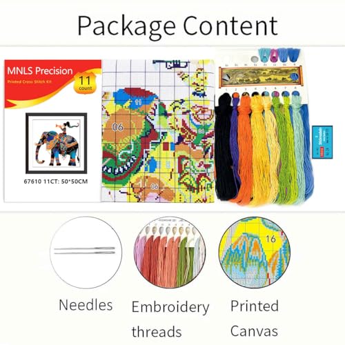 Zhenqing Elephant and Girl Stamped Cross Stitch Kit for Beginners, 11CT Printed Full Coverage Boho Elephant with Horn Player Pattern, 50 x 50 cm DIY Animal Embroidery Needlework Set, No Hoop Needed - color: Boho Elephant Melody