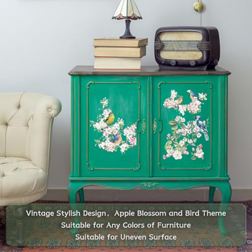 Floral Rub on Transfer for Furniture Vintage Large Flower UV DTF Transfer Sticker for Wood Glass Home Decor, Apple Blossom and Bird - style: Apple Blossom and Bird